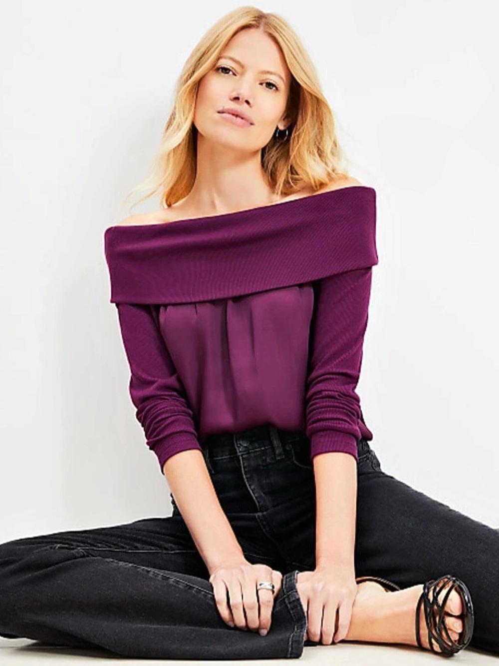 Loft Charmeuse Off The Shoulder Mixed Media Chiffon Top Purple Medium